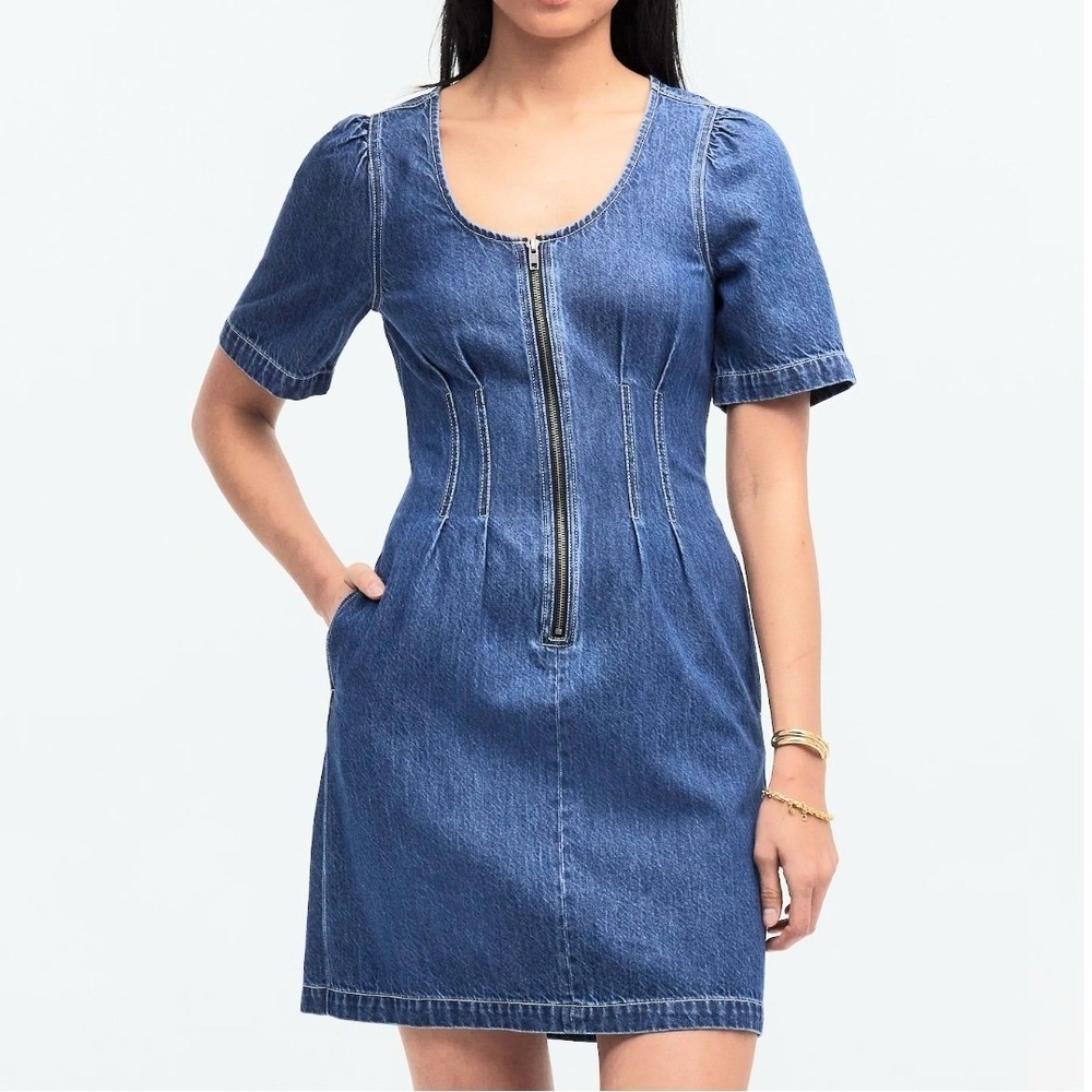 Madewell Denim Jean Darted Mini Dress Front Zip Medium Wash Blue Puff Sleeve 8